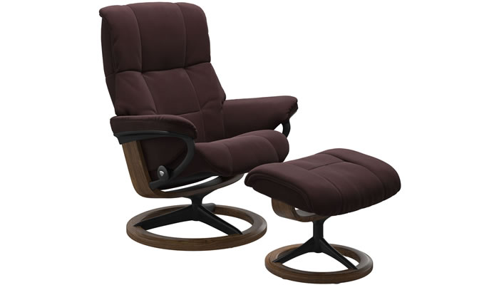 Stressless Mayfair Recliner with Signature Base and Stool in Begonia Burgundy Fabric